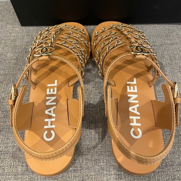Chanel Light Brown Gladiator Sandals with Gold Chains - Picture 6 of 11